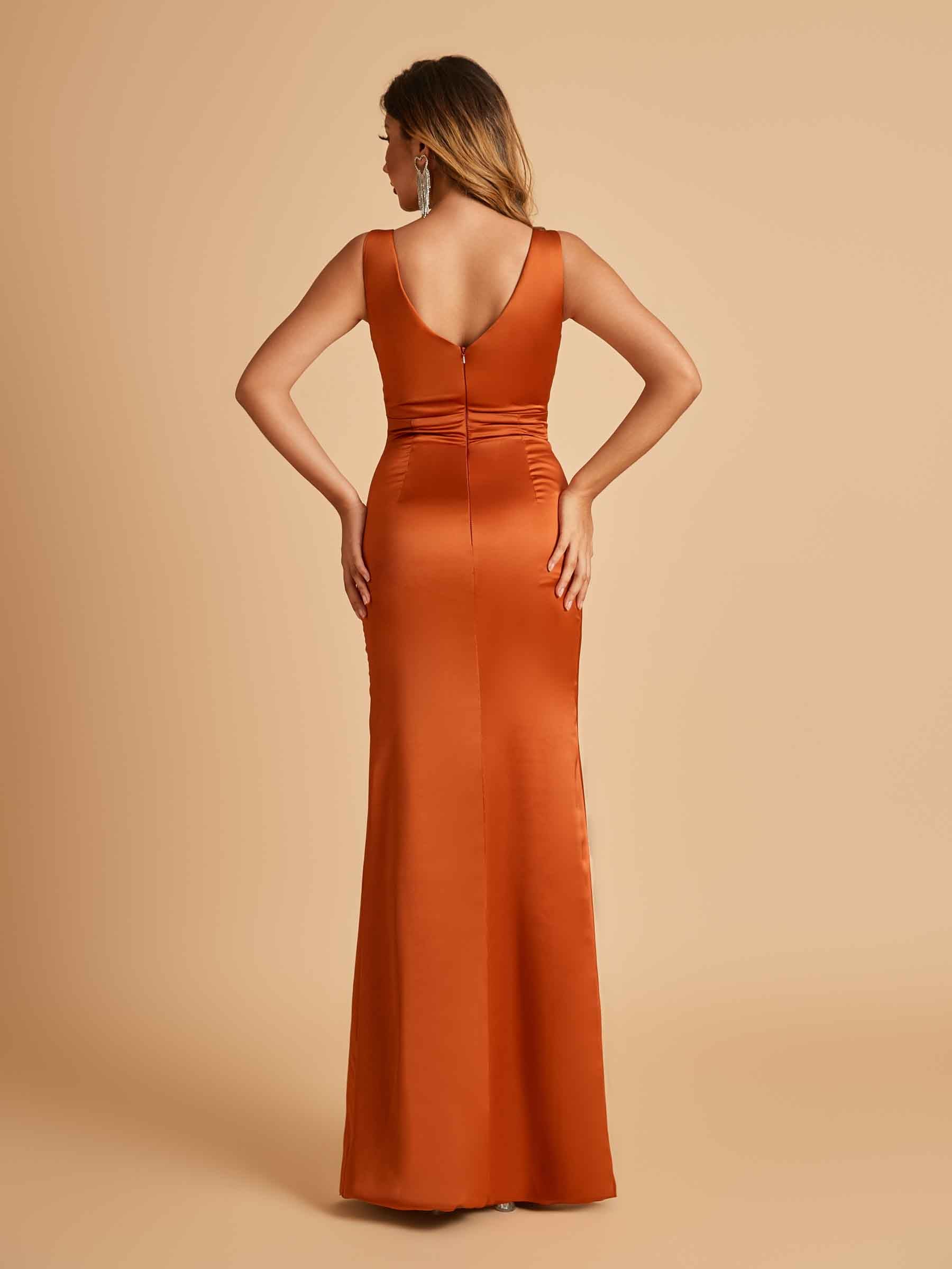 Sexy Satin Sheath V-neck Prom Dresses Strapless Floor Length